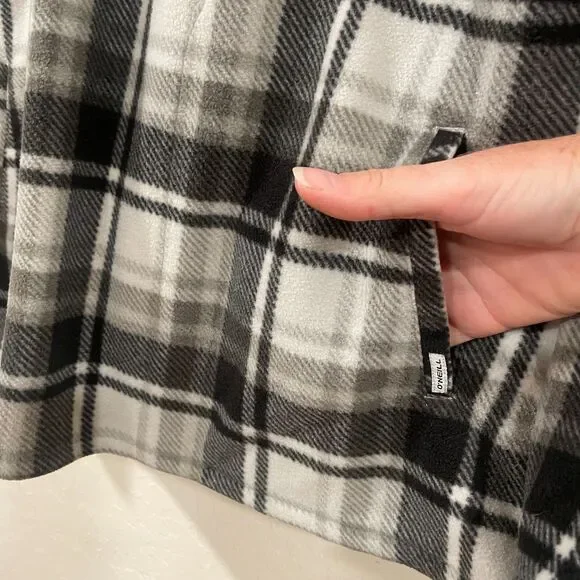~ O'Neill XL Fleece Jacket Black Gray Plaid Hoodie Pockets Half Zip Unisex - Picture 5 of 12